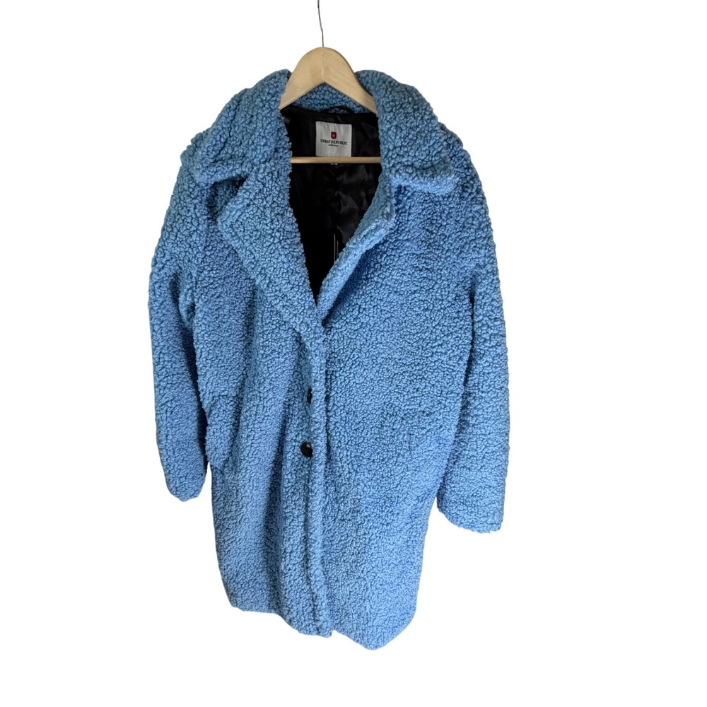 Urban Republic Blue Faux Fur Teddy Sherpa Coat Notched Lapel Jacket Womens L NEW